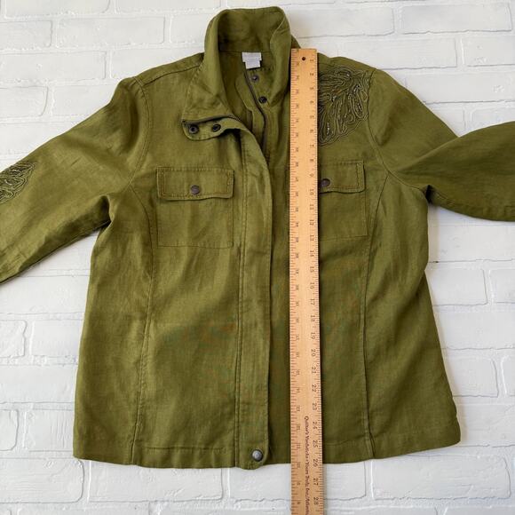 Chico's Women's 100% Linen Green Leaf Beads 3/4 Sleeve Button Jacket -sz 2 12/14 - Picture 3 of 6